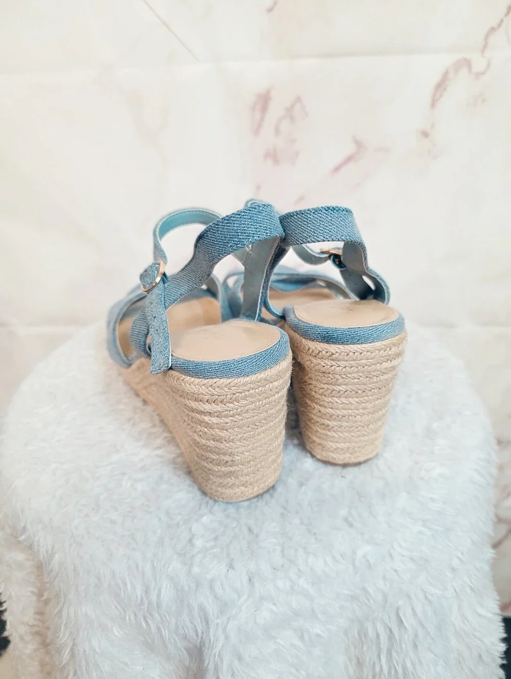 Ankis Blue Denim Espadrille Wedge Sandals Size 9 Ankle Strap Summer